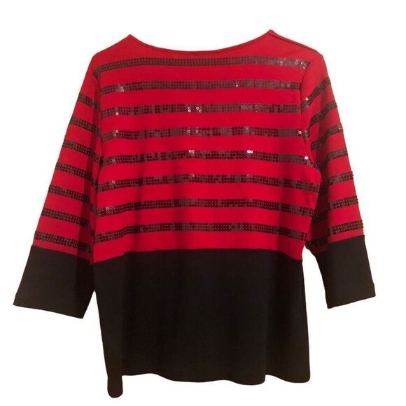Rafaela Petite Size M Crew Neck Red Black Striped Shimmery Holiday Sweater - Picture 7 of 13